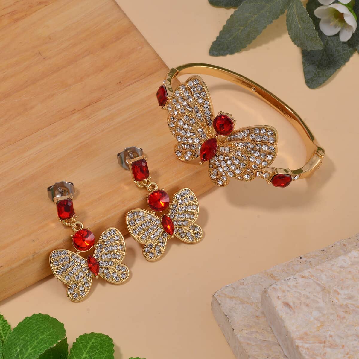 Red Glass and Austrian Crystal Butterfly Bangle Bracelet (7.50 In) and Earrings in Goldtone image number 1