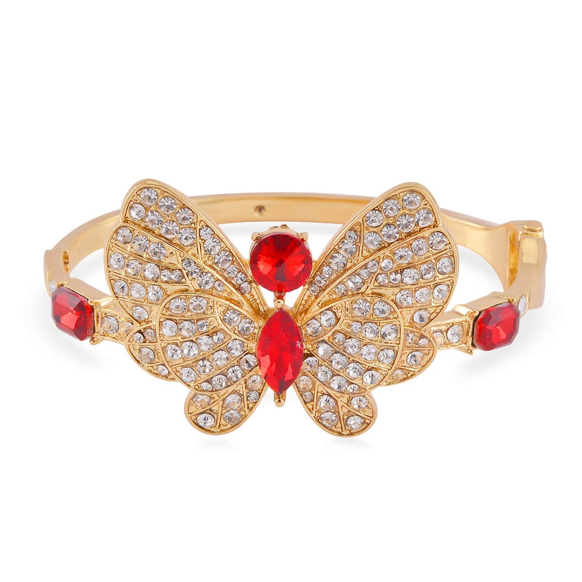 Red Glass and Austrian Crystal Butterfly Bangle Bracelet (7.50 In) and Earrings in Goldtone image number 2