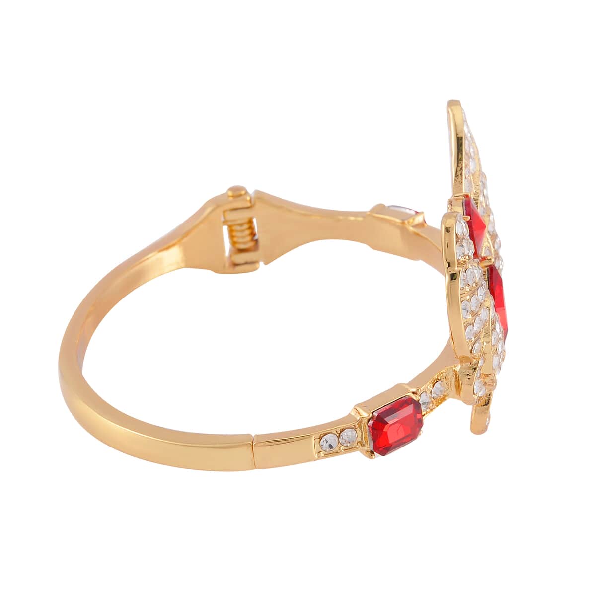 Red Glass and Austrian Crystal Butterfly Bangle Bracelet (7.50 In) and Earrings in Goldtone image number 3