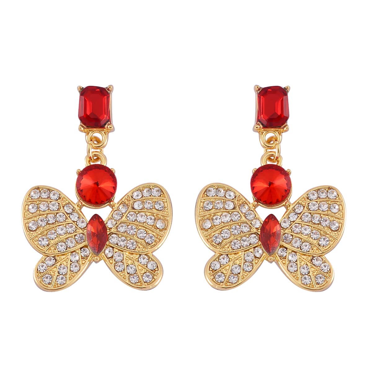 Red Glass and Austrian Crystal Butterfly Bangle Bracelet (7.50 In) and Earrings in Goldtone image number 6