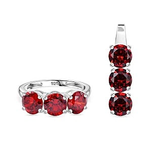 Simulated Red Diamond 3 Stone 6.00 ctw Ring (Size 11.5) and Pendant in Sterling Silver