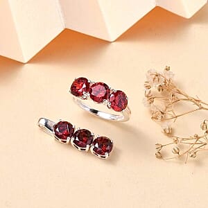 Simulated Red Diamond 3 Stone 6.00 ctw Ring (Size 11.5) and Pendant in Sterling Silver