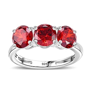 Simulated Red Diamond 3 Stone 6.00 ctw Ring (Size 11.5) and Pendant in Sterling Silver