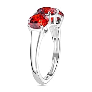 Simulated Red Diamond 3 Stone 6.00 ctw Ring (Size 11.5) and Pendant in Sterling Silver