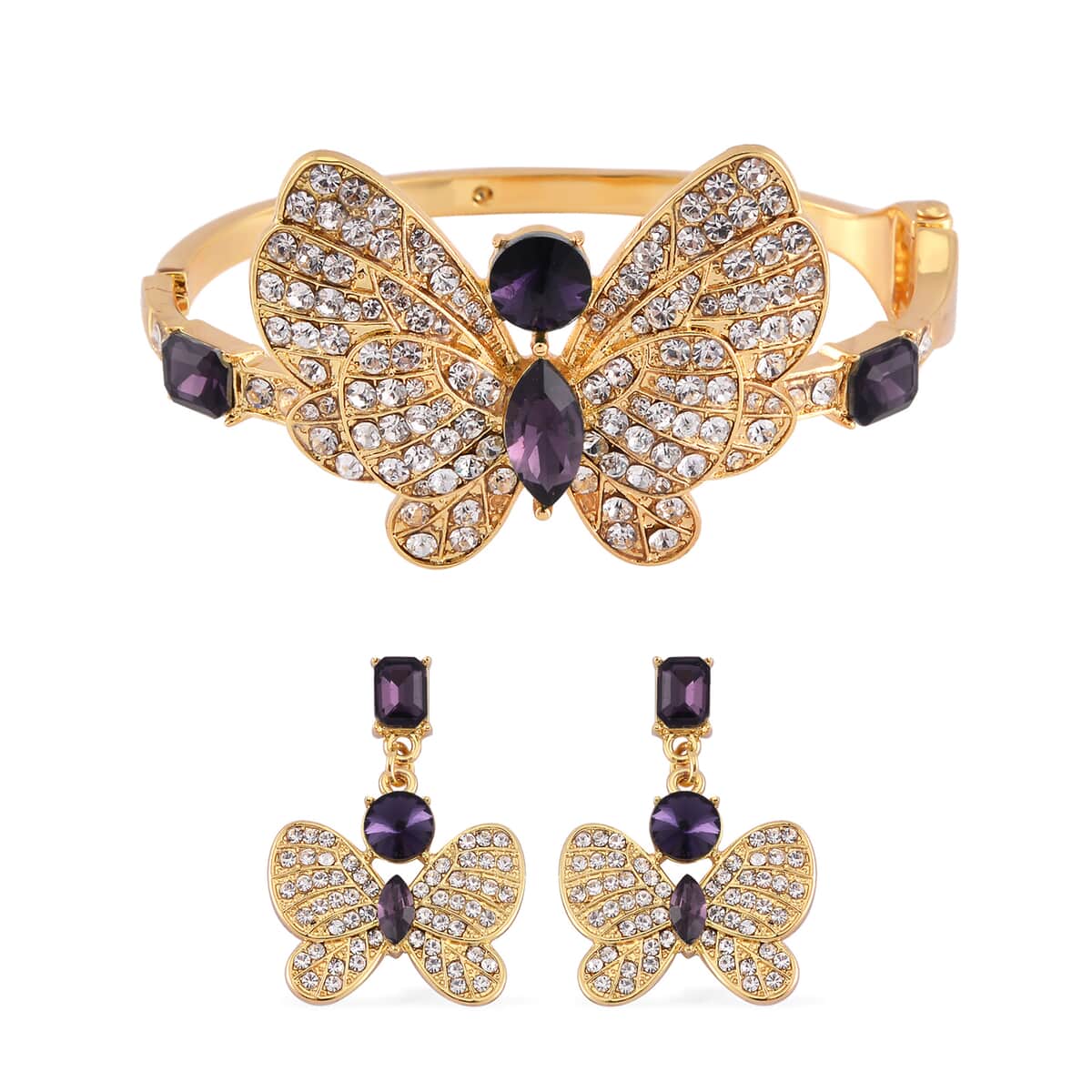 Amethyst Color Glass and Austrian Crystal Butterfly Bangle Bracelet (7.50 In) and Earrings in Goldtone image number 0