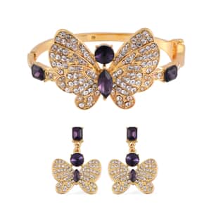 Amethyst Color Glass and Austrian Crystal Butterfly Bangle Bracelet (7.50 In) and Earrings in Goldtone