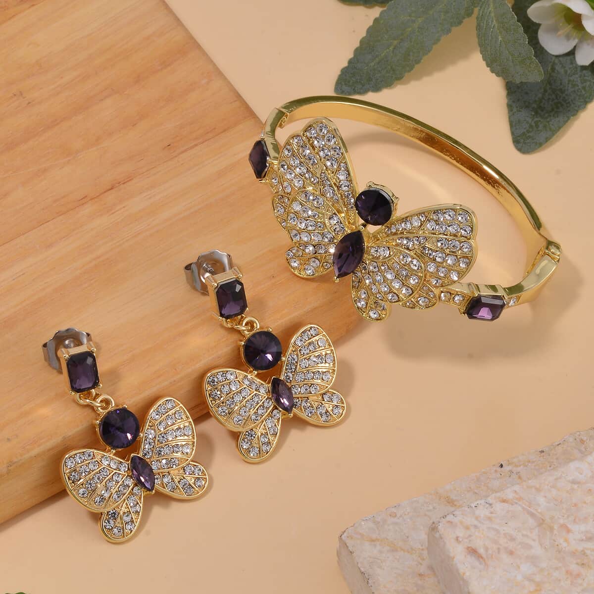 Amethyst Color Glass and Austrian Crystal Butterfly Bangle Bracelet (7.50 In) and Earrings in Goldtone image number 1