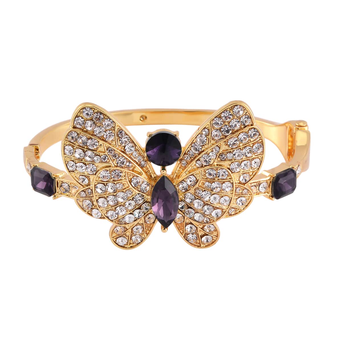 Amethyst Color Glass and Austrian Crystal Butterfly Bangle Bracelet (7.50 In) and Earrings in Goldtone image number 2