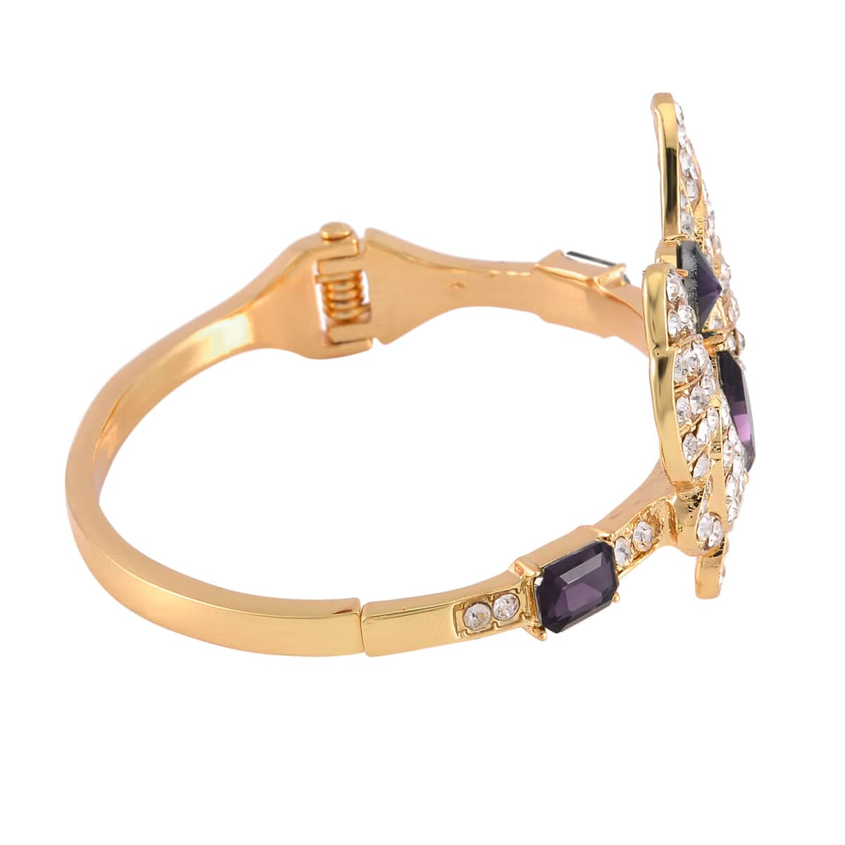 Amethyst Color Glass and Austrian Crystal Butterfly Bangle Bracelet (7.50 In) and Earrings in Goldtone image number 3