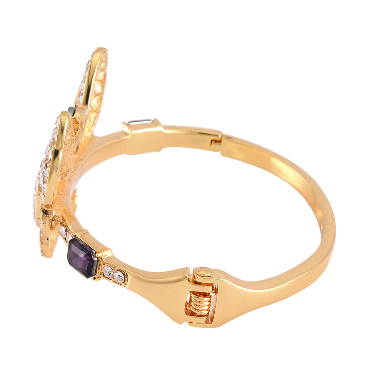 Amethyst Color Glass and Austrian Crystal Butterfly Bangle Bracelet (7.50 In) and Earrings in Goldtone image number 4