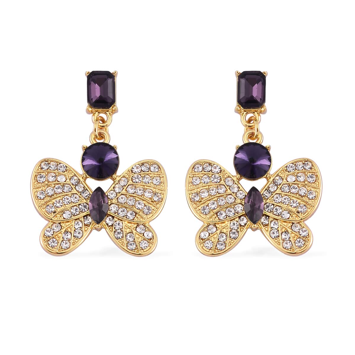 Amethyst Color Glass and Austrian Crystal Butterfly Bangle Bracelet (7.50 In) and Earrings in Goldtone image number 6