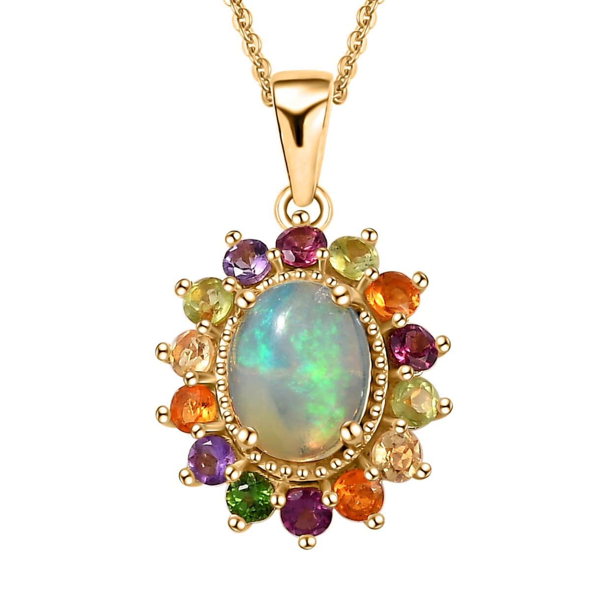 Premium Ethiopian Welo Opal and Multi Gemstone Daisy Floral Pendant Necklace 20 Inches in Vermeil Yellow Gold Over Sterling Silver 2.20 ctw image number 0