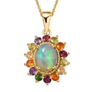 Premium Ethiopian Welo Opal and Multi Gemstone Daisy Floral Pendant Necklace 20 Inches in Vermeil Yellow Gold Over Sterling Silver 2.20 ctw
