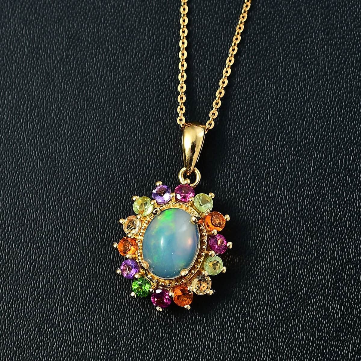 Premium Ethiopian Welo Opal and Multi Gemstone Daisy Floral Pendant Necklace 20 Inches in Vermeil Yellow Gold Over Sterling Silver 2.20 ctw image number 1