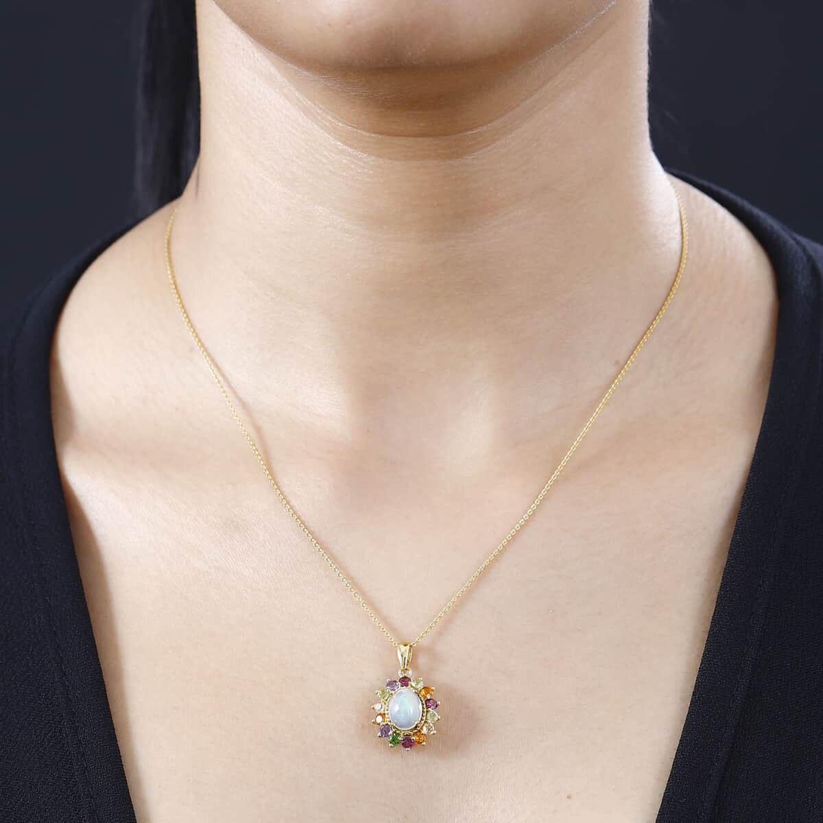 Premium Ethiopian Welo Opal and Multi Gemstone Daisy Floral Pendant Necklace 20 Inches in Vermeil Yellow Gold Over Sterling Silver 2.20 ctw image number 2