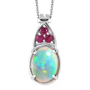 Premium Ethiopian Welo Opal and Niassa Ruby (FF) Pendant Necklace 20 Inches in Platinum Over Sterling Silver 1.35 ctw