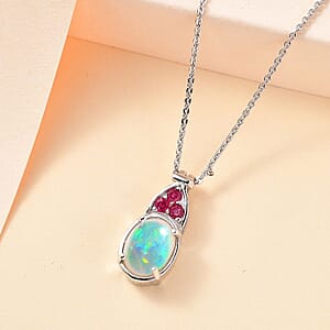 Premium Ethiopian Welo Opal and Niassa Ruby (FF) Pendant Necklace 20 Inches in Platinum Over Sterling Silver 1.35 ctw