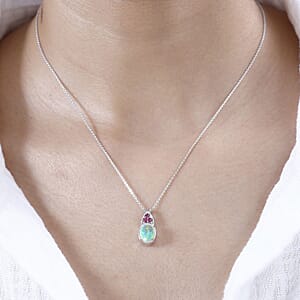 Premium Ethiopian Welo Opal and Niassa Ruby (FF) Pendant Necklace 20 Inches in Platinum Over Sterling Silver 1.35 ctw