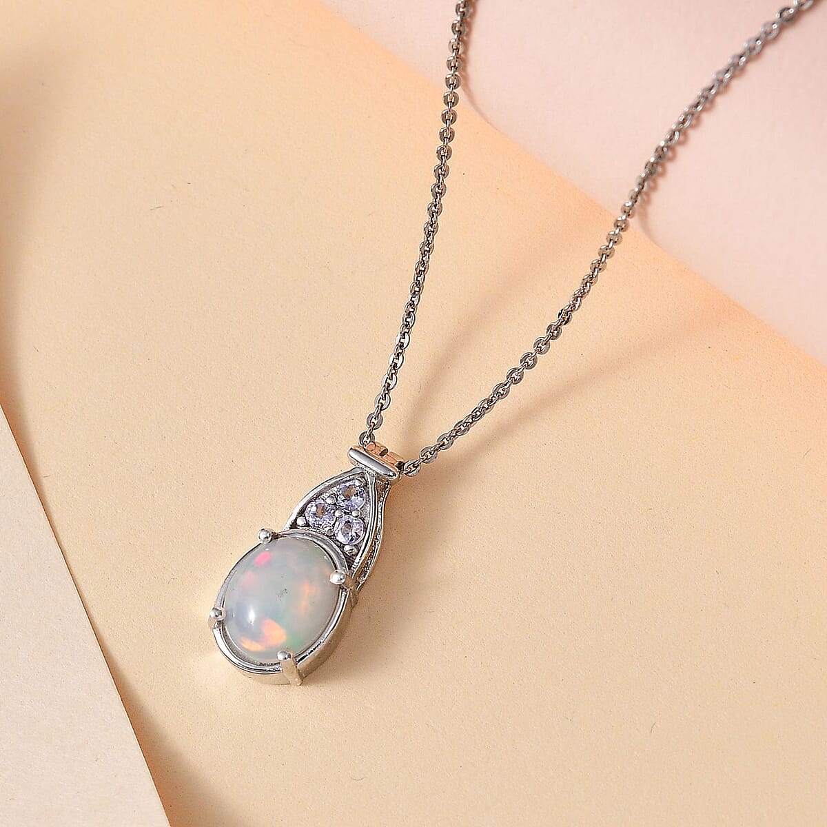 Premium Ethiopian Welo Opal and Tanzanite Pendant Necklace 20 Inches in Platinum Over Sterling Silver 1.30 ctw image number 1
