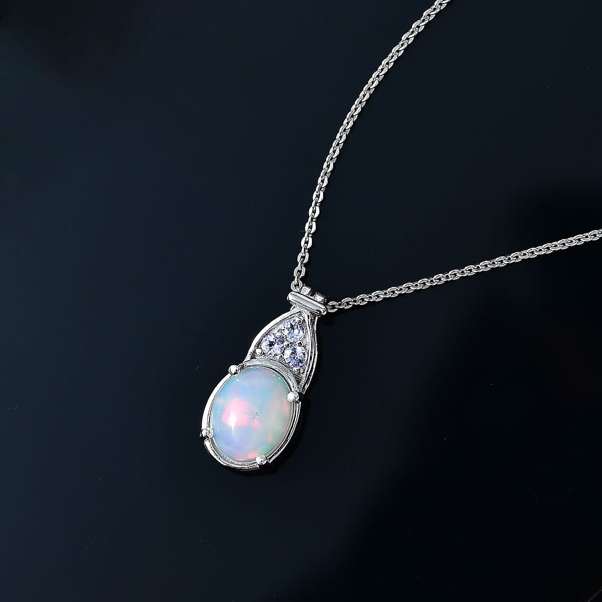 Premium Ethiopian Welo Opal and Tanzanite Pendant Necklace 20 Inches in Platinum Over Sterling Silver 1.30 ctw image number 2