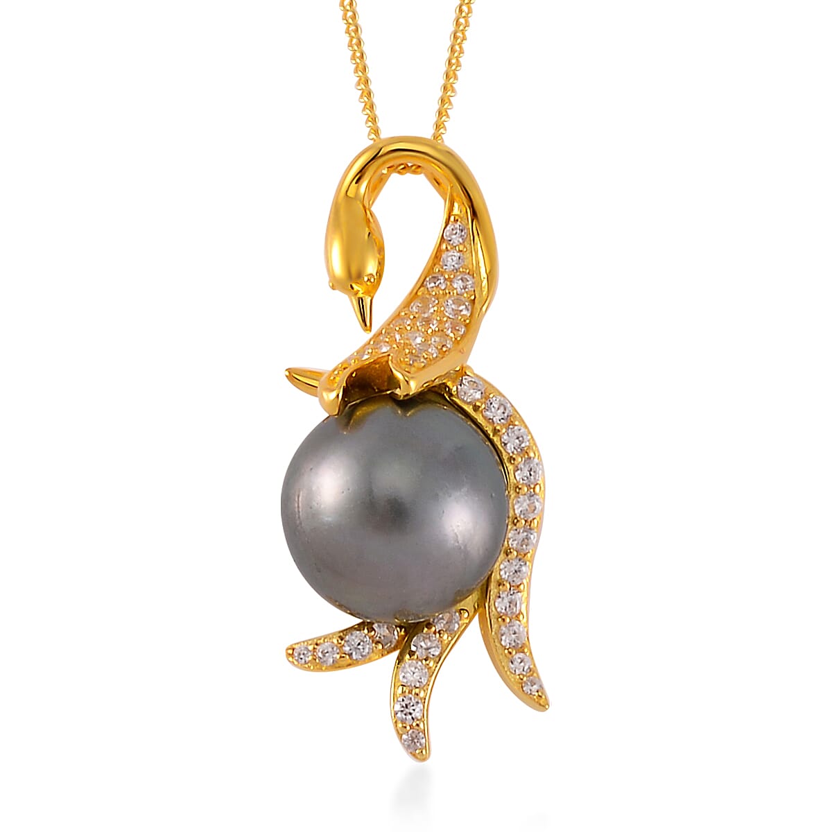 Tahitian Cultured Pearl and White Zircon Swan Pendant Necklace 18 Inches in Vermeil Yellow Gold Over Sterling Silver 0.65 ctw