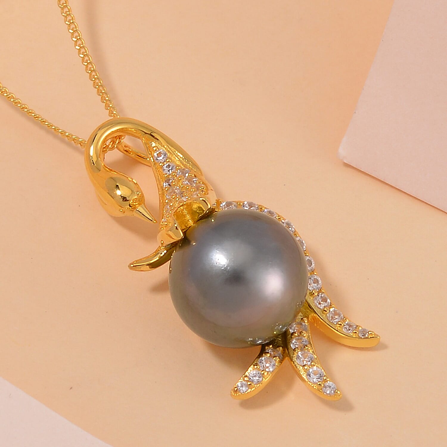 Tahitian Cultured Pearl and White Zircon Swan Pendant Necklace 18 Inches in Vermeil Yellow Gold Over Sterling Silver 0.65 ctw
