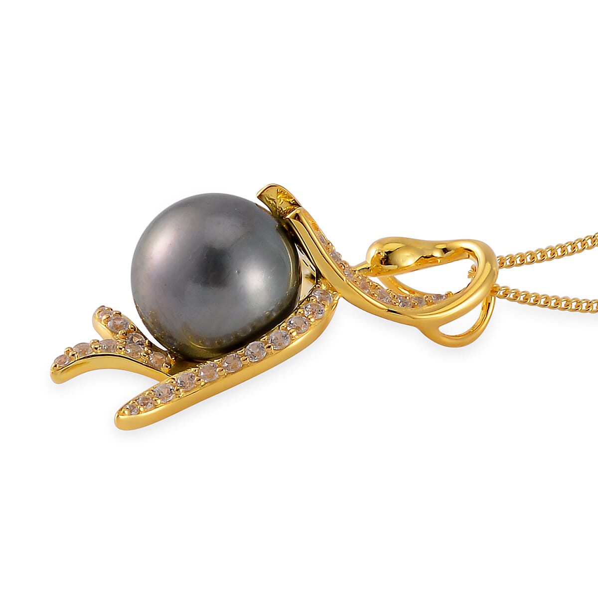 Tahitian Cultured Pearl and White Zircon Swan Pendant Necklace 18 Inches in Vermeil Yellow Gold Over Sterling Silver 0.65 ctw