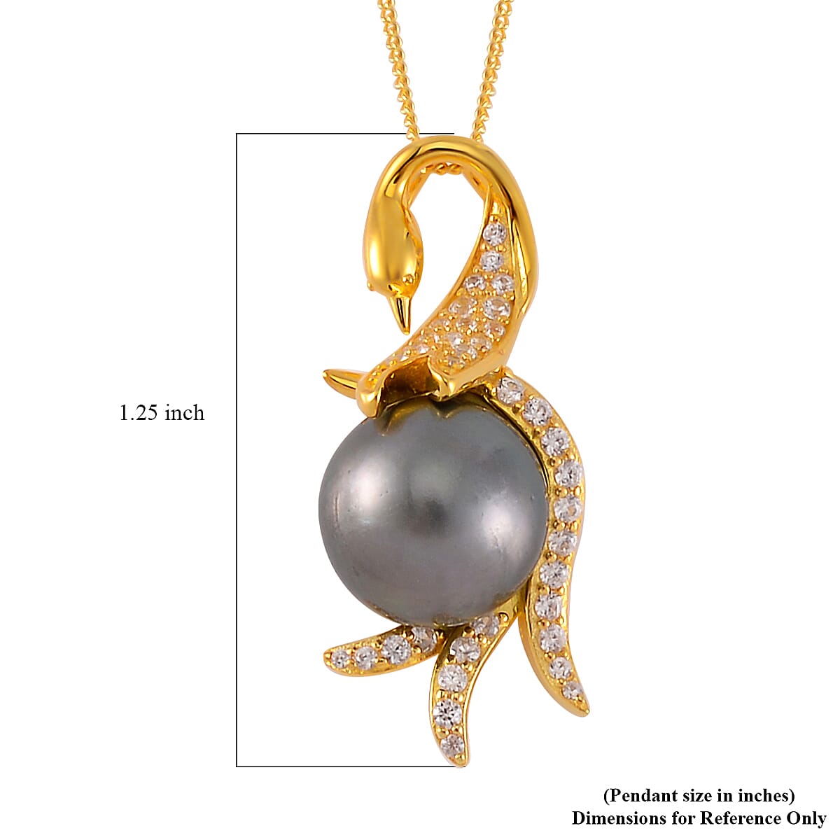 Tahitian Cultured Pearl and White Zircon Swan Pendant Necklace 18 Inches in Vermeil Yellow Gold Over Sterling Silver 0.65 ctw