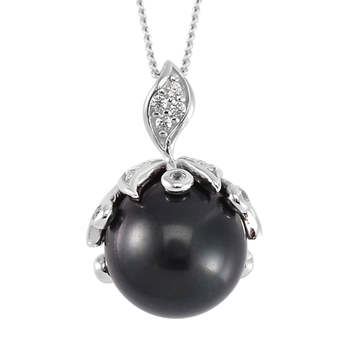 Tahitian Cultured Pearl and White Zircon Bell Floral Pendant Necklace 18 Inches in Rhodium Over Sterling Silver 0.50 ctw image number 0