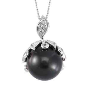 Tahitian Cultured Pearl and White Zircon Bell Floral Pendant Necklace 18 Inches in Rhodium Over Sterling Silver 0.50 ctw