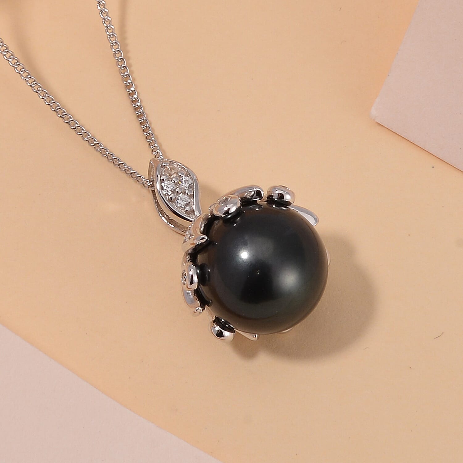 Tahitian Cultured Pearl and White Zircon Bell Floral Pendant Necklace 18 Inches in Rhodium Over Sterling Silver 0.50 ctw