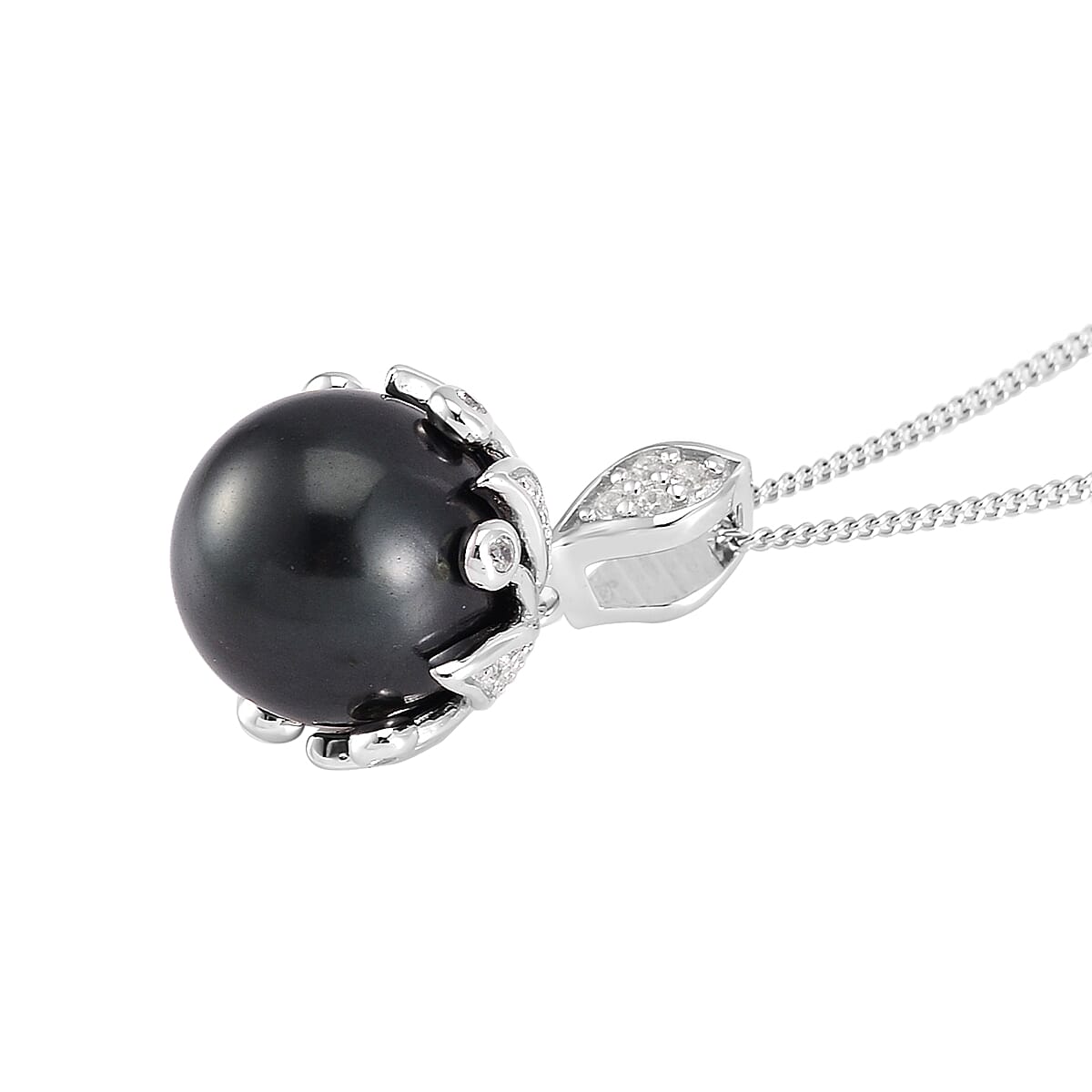 Tahitian Cultured Pearl and White Zircon Bell Floral Pendant Necklace 18 Inches in Rhodium Over Sterling Silver 0.50 ctw