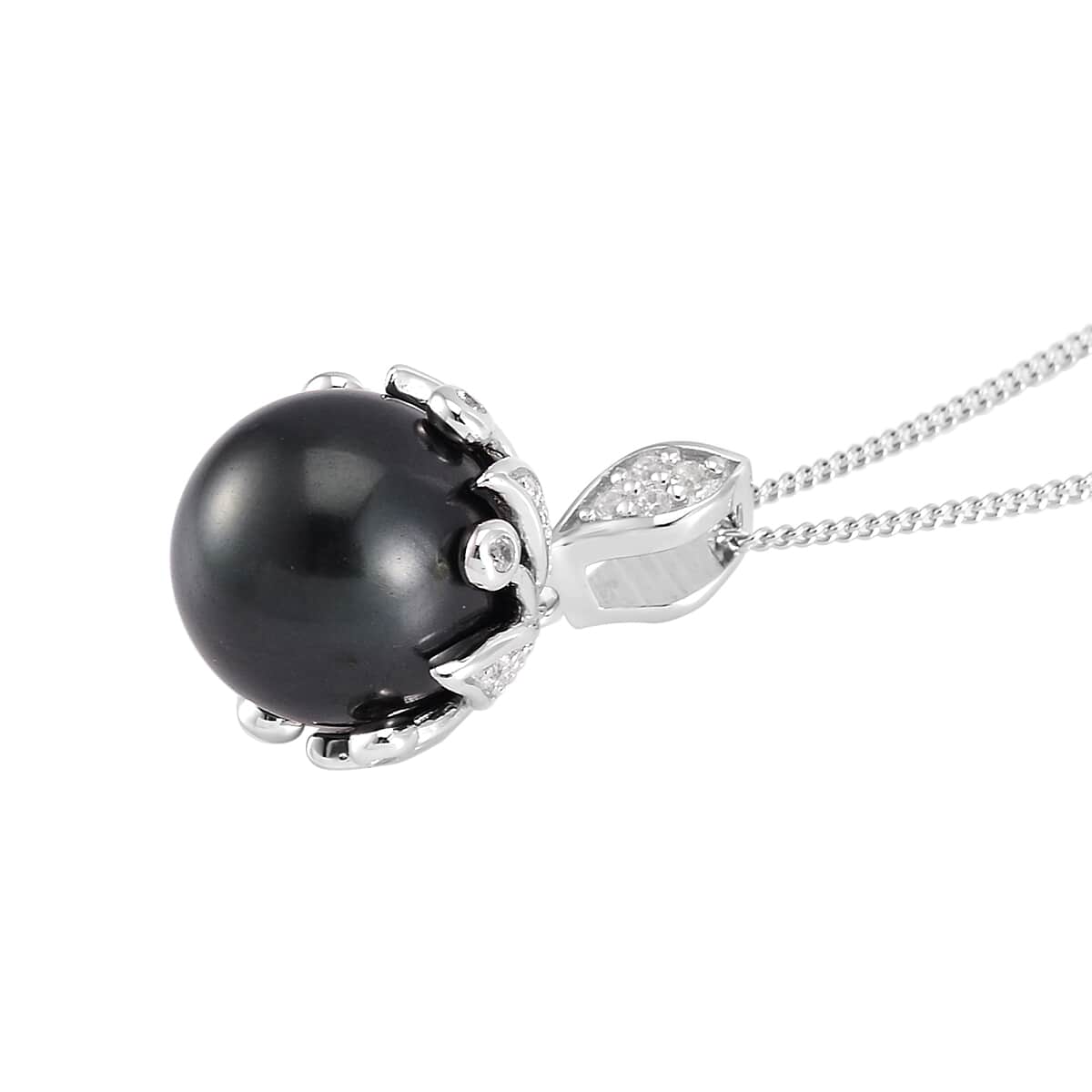 Tahitian Cultured Pearl and White Zircon Bell Floral Pendant Necklace 18 Inches in Rhodium Over Sterling Silver 0.50 ctw image number 3