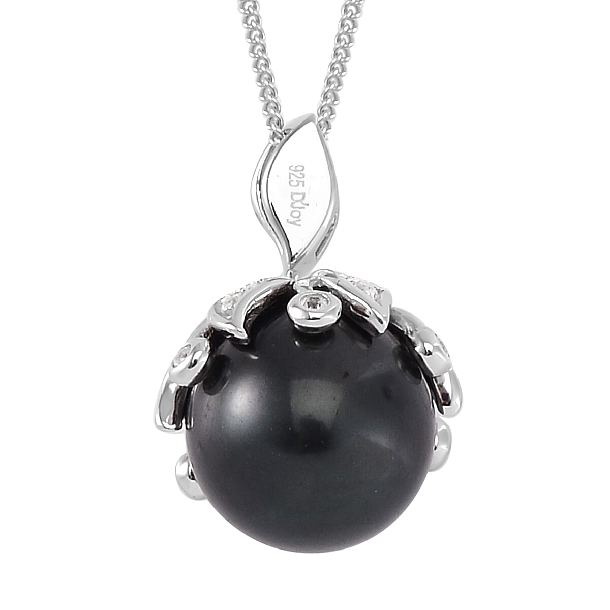Tahitian Cultured Pearl and White Zircon Bell Floral Pendant Necklace 18 Inches in Rhodium Over Sterling Silver 0.50 ctw