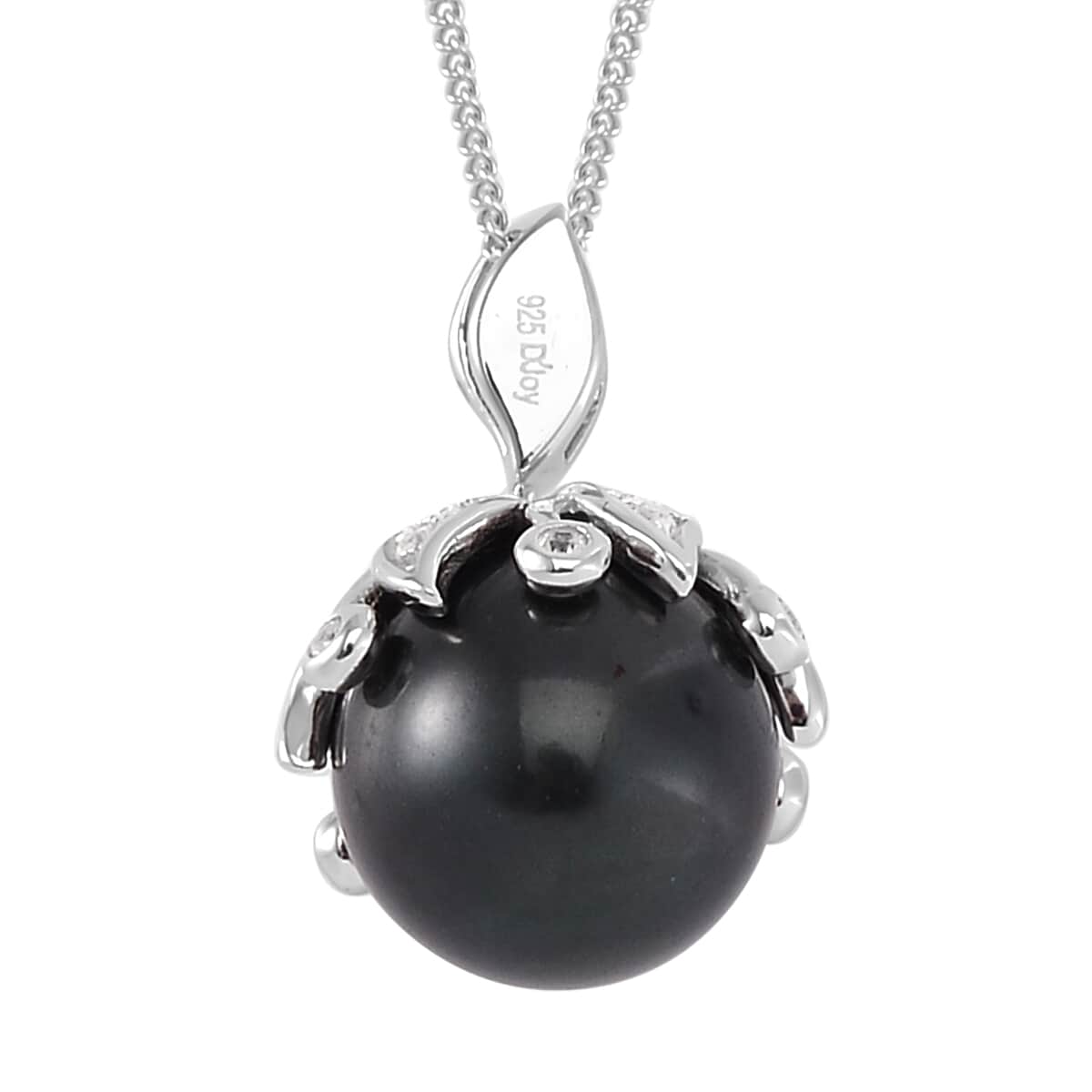 Tahitian Cultured Pearl and White Zircon Bell Floral Pendant Necklace 18 Inches in Rhodium Over Sterling Silver 0.50 ctw image number 4