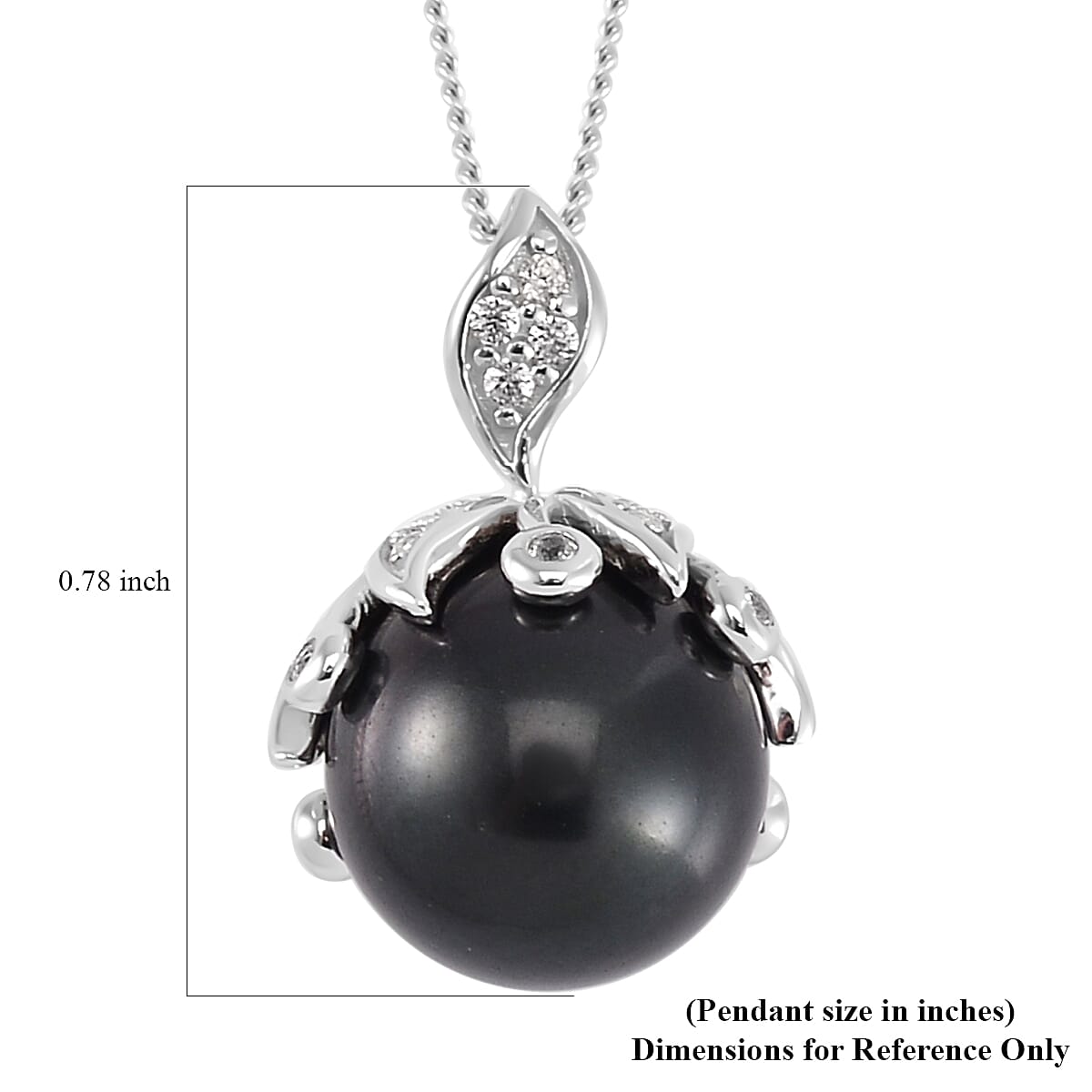 Tahitian Cultured Pearl and White Zircon Bell Floral Pendant Necklace 18 Inches in Rhodium Over Sterling Silver 0.50 ctw