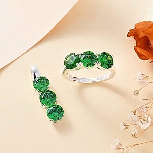 Simulated Green Diamond 3 Stone 6.00 ctw Ring (Size 5.5) and Pendant in Sterling Silver