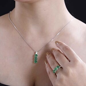 Simulated Green Diamond 3 Stone 6.00 ctw Ring (Size 5.5) and Pendant in Sterling Silver