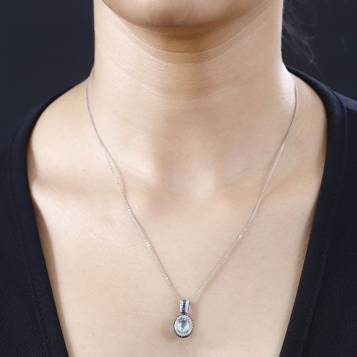 Santa Maria Aquamarine and Multi Gemstone Pendant Necklace 20 Inches in Platinum Over Sterling Silver 2.20 ctw image number 2
