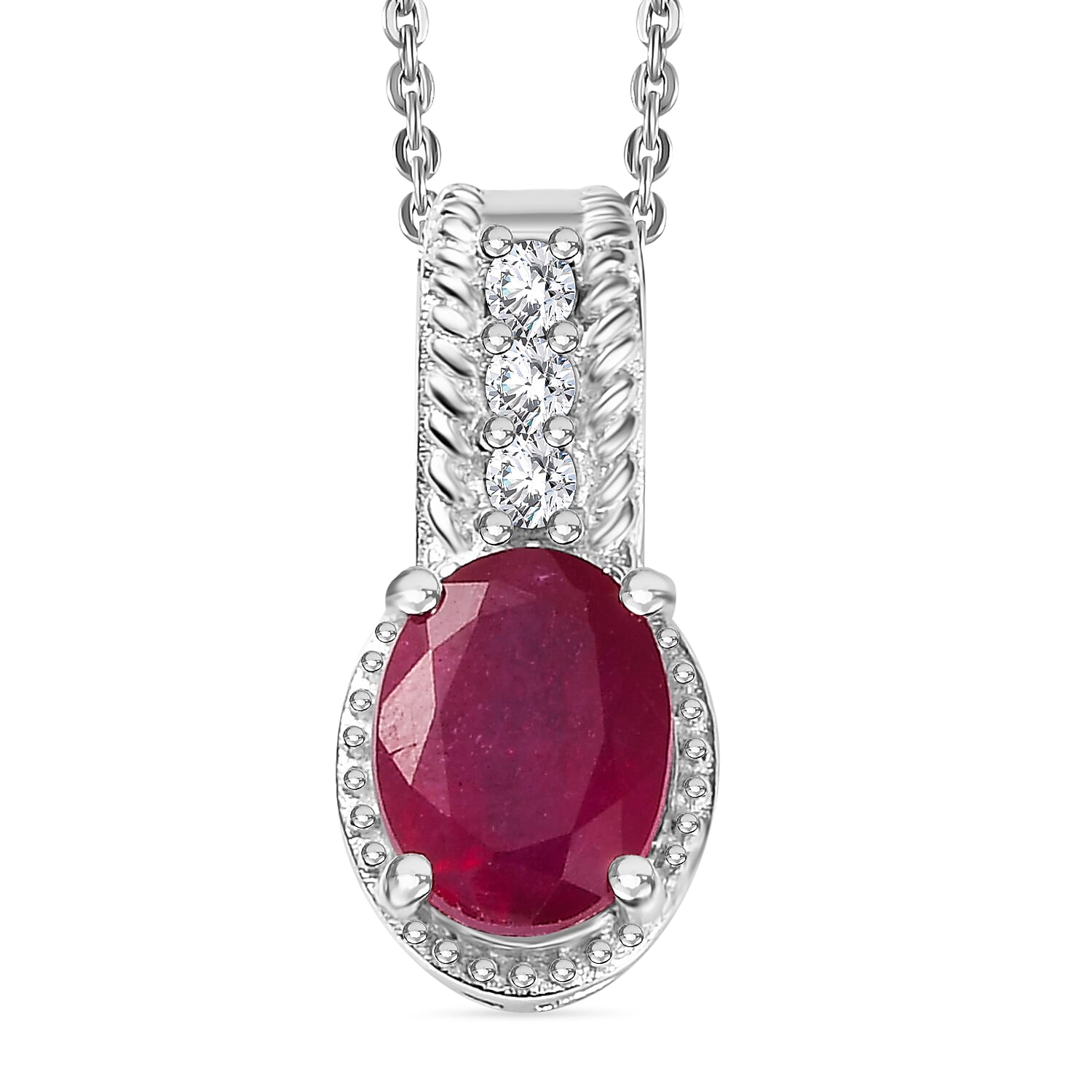 Niassa Ruby (FF) and White Zircon 1.70 ctw Pendant Necklace in Rhodium Over Sterling Silver 20 Inches
