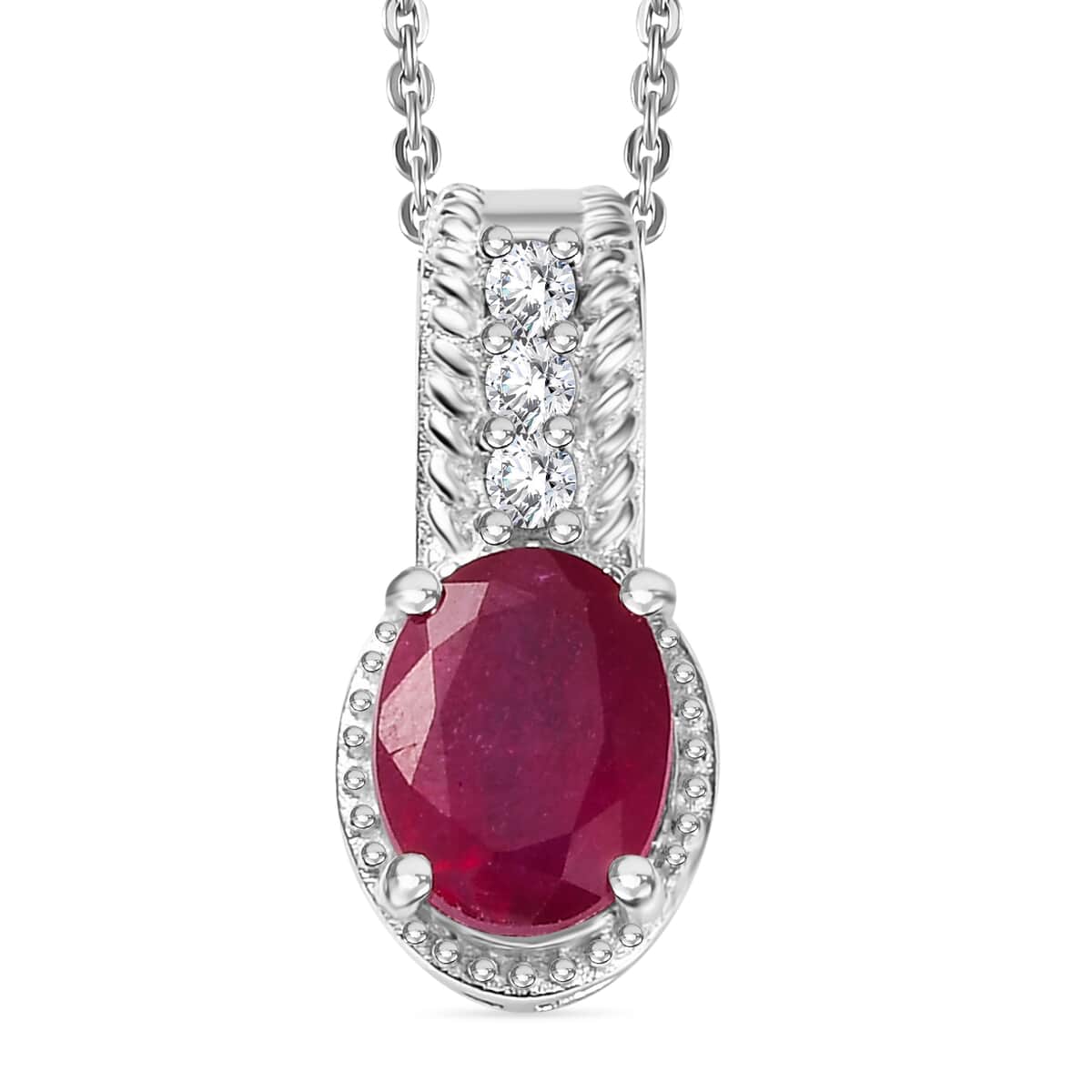 Niassa Ruby (FF), White Zircon Pendant Necklace (20 Inches) in Rhodium Over Sterling Silver 1.70 ctw image number 0