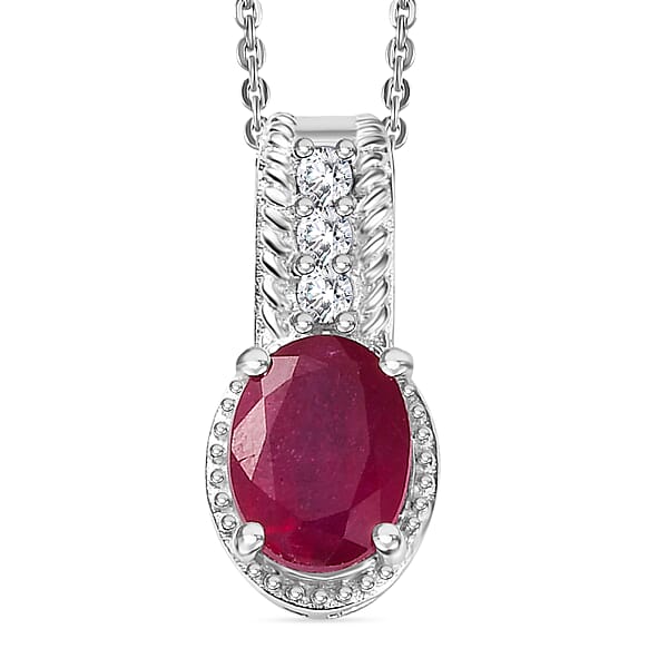 Niassa Ruby (FF) and White Zircon 1.70 ctw Pendant Necklace in Rhodium Over Sterling Silver 20 Inches