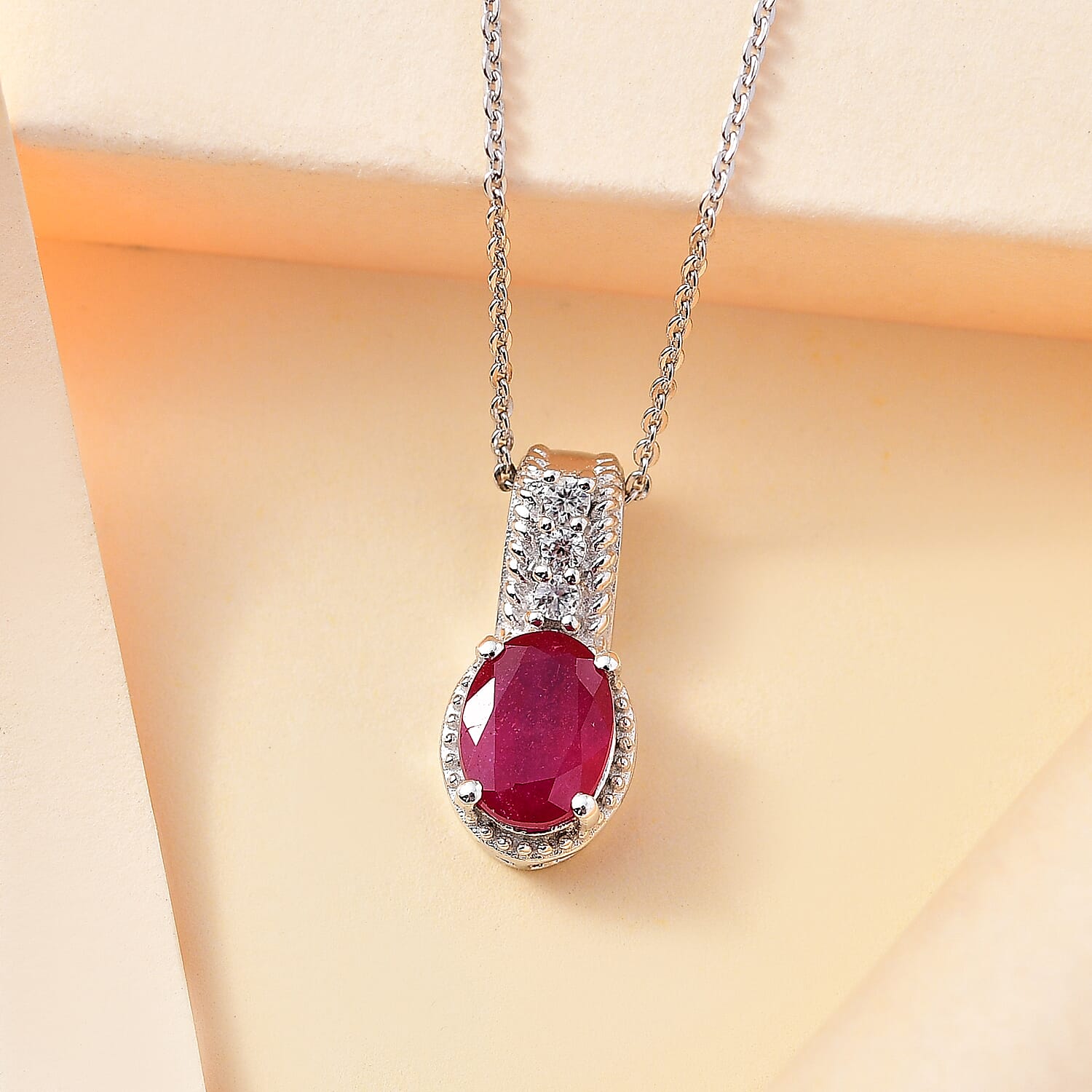 Niassa Ruby (FF) and White Zircon 1.70 ctw Pendant Necklace in Rhodium Over Sterling Silver 20 Inches