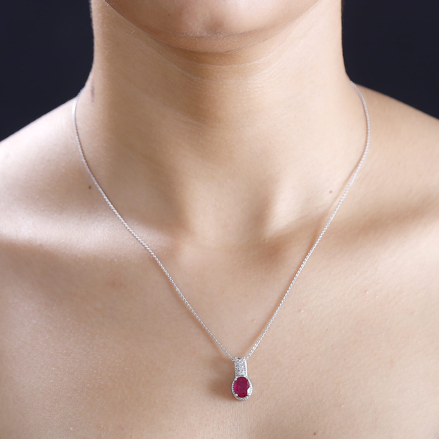 Niassa Ruby (FF) and White Zircon 1.70 ctw Pendant Necklace in Rhodium Over Sterling Silver 20 Inches