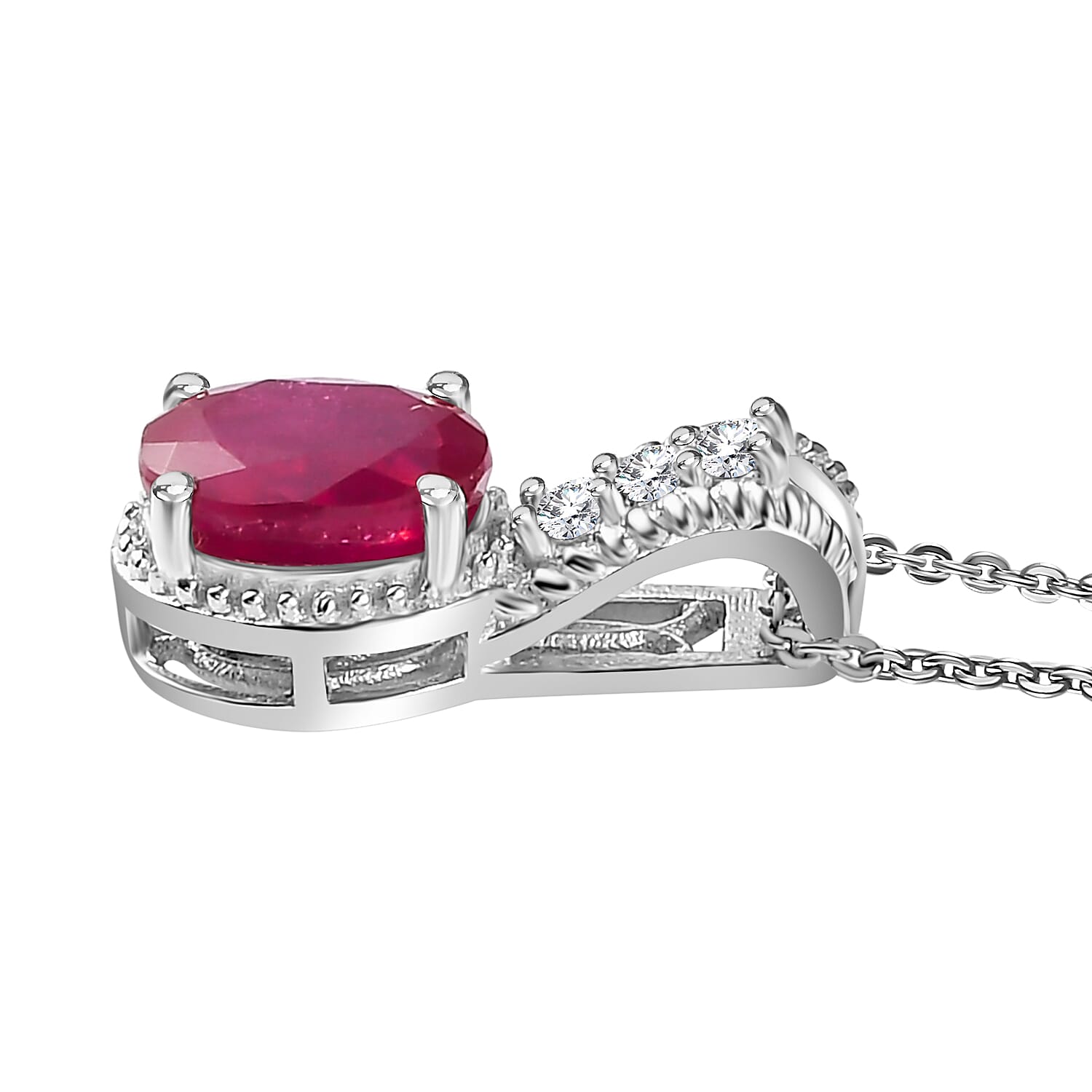 Niassa Ruby (FF) and White Zircon 1.70 ctw Pendant Necklace in Rhodium Over Sterling Silver 20 Inches
