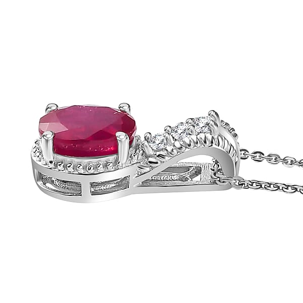 Niassa Ruby (FF) and White Zircon 1.70 ctw Pendant Necklace in Rhodium Over Sterling Silver 20 Inches