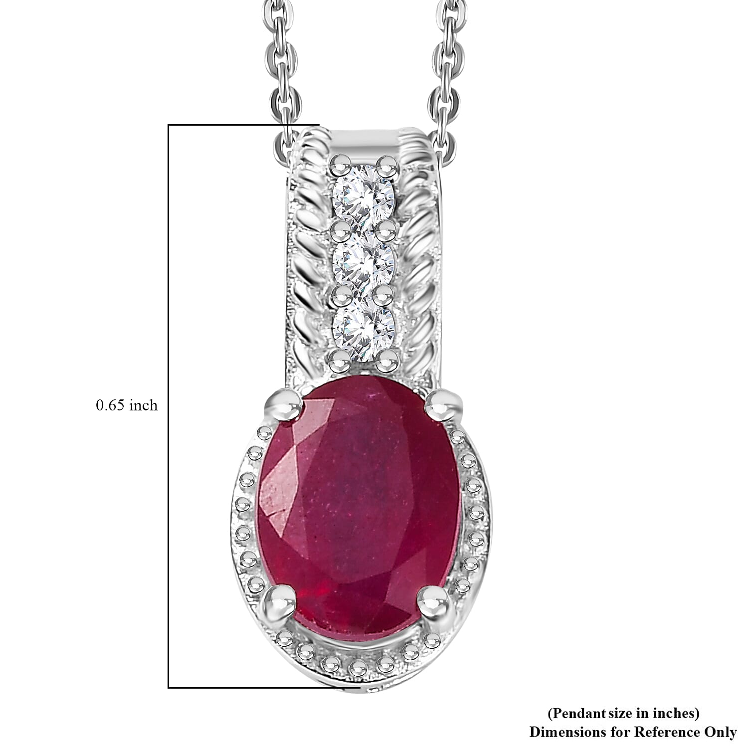 Niassa Ruby (FF) and White Zircon 1.70 ctw Pendant Necklace in Rhodium Over Sterling Silver 20 Inches