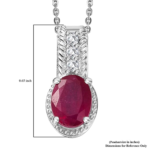 Niassa Ruby (FF) and White Zircon 1.70 ctw Pendant Necklace in Rhodium Over Sterling Silver 20 Inches