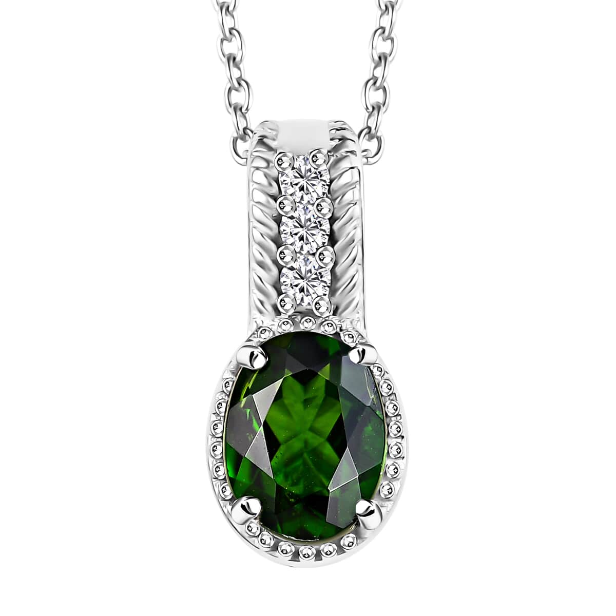 Chrome Diopside and White Zircon 1.40 ctw Pendant Necklace in Rhodium Over Sterling Silver 20 Inches image number 0