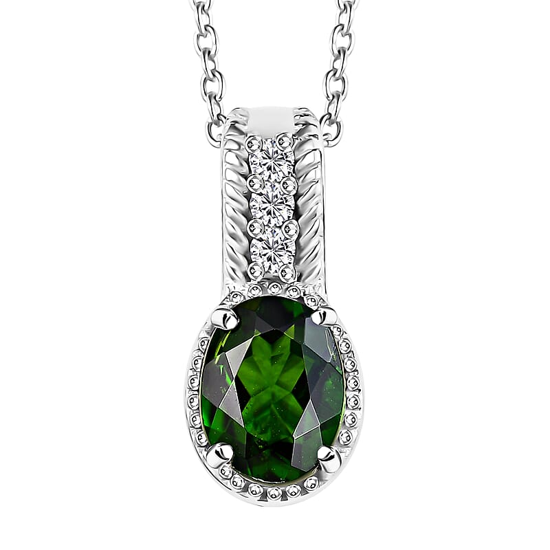 Chrome Diopside and White Zircon 1.40 ctw Pendant Necklace in Rhodium Over Sterling Silver 20 Inches